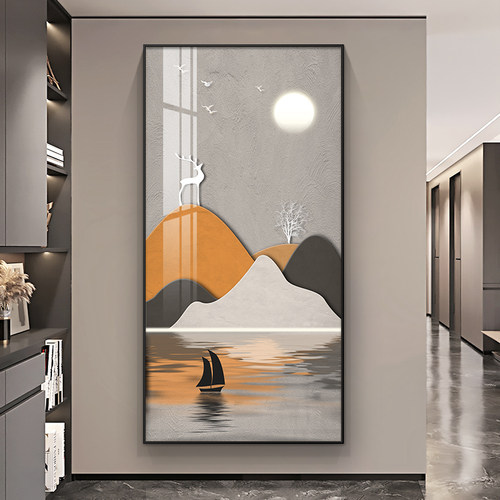 速发轻挂玄版装饰画橙色麋鹿竖关山水画奢画客厅玄幻走廊过道壁画