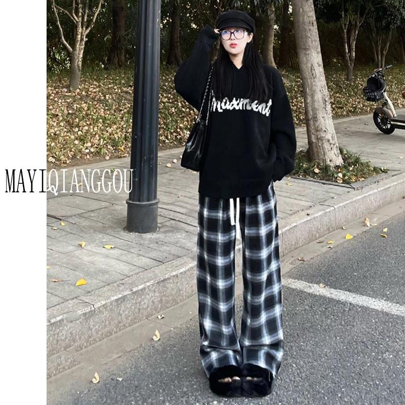 175高个子加长版黑白格子裤子女秋冬加绒宽松直筒垂感休闲阔腿裤