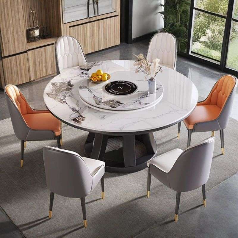 丛良岩板餐桌椅组合小户型家用现代简约高端酒店实木圆桌饭桌转盘