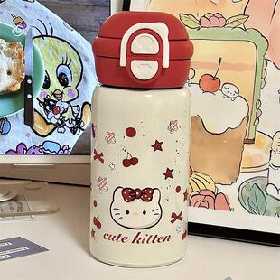 高颜值保温杯女生简约食品级316不锈钢双饮吸管学生水杯可爱小猫