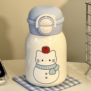 新款苹果猫雪人保温杯ins女生高颜值可爱大容量便携简约学生水杯