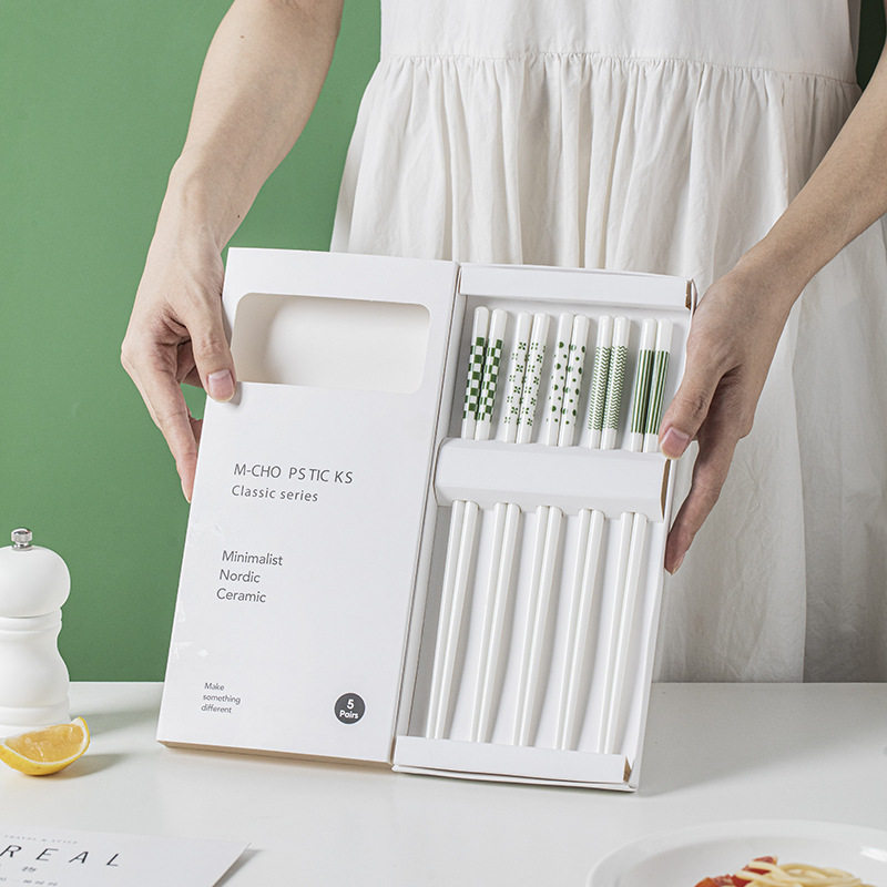 青瑶家用陶瓷餐具筷子5双简约防滑防霉高档抗菌礼盒轻奢高级感