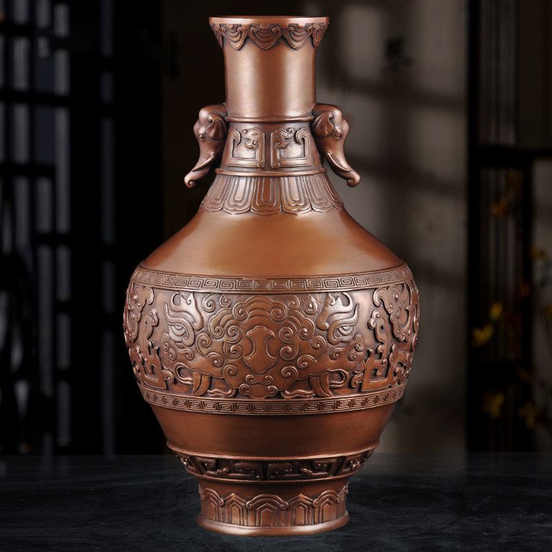 紫铜象首耳龙纹瓶摆件中式铜花瓶插花博古架家居客厅玄关装饰品,家居饰品,桌面摆件,淘宝优惠券,粉丝福利购,淘宝优惠卷