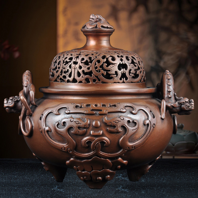 紫铜螭龙纹三足香炉香道香炉茶室沉香盘香香薰炉居家客厅装饰品,家居饰品,桌面摆件,淘宝优惠券,粉丝福利购,淘宝优惠卷