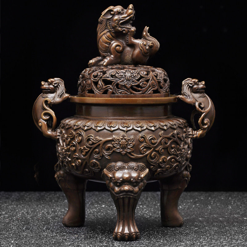 紫铜色大明狮子炉仿古宣德炉家用香道茶道香炉檀香盘香炉香薰炉,家居饰品,桌面摆件,淘宝优惠券,粉丝福利购,淘宝优惠卷