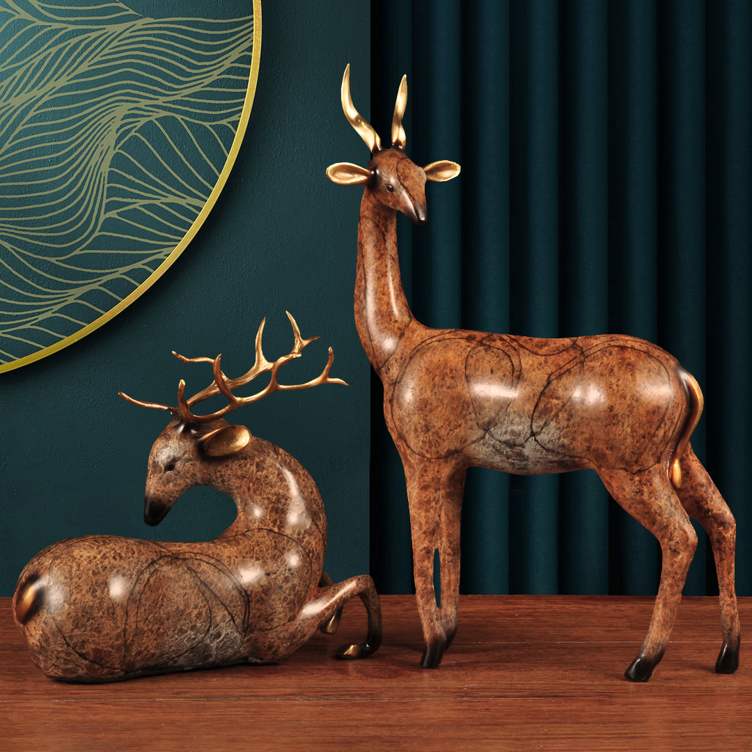 彩铜梅花鹿摆件一对招财站鹿卧鹿家居客厅电视柜装饰品乔迁礼品