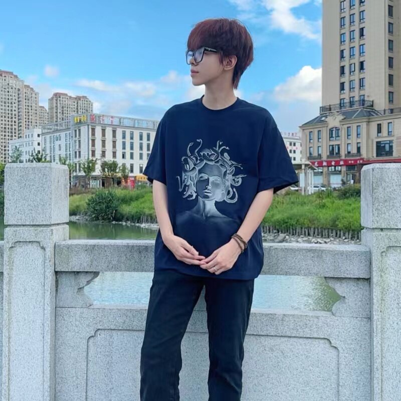 Break Unknown夏季美杜莎印花刺绣短袖t恤男女宽松上衣纯棉圆领