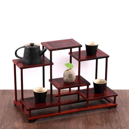 #中红微凹黄檀酸枝小博古架式多宝阁构紫砂壶茶具架盆摆件榫景卯