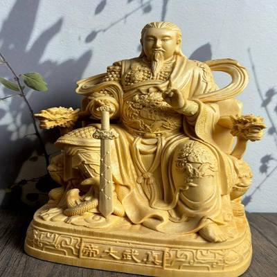 桧木雕真武大帝神像摆件玄天上帝佑圣真君客厅装饰玄武祖师工艺品