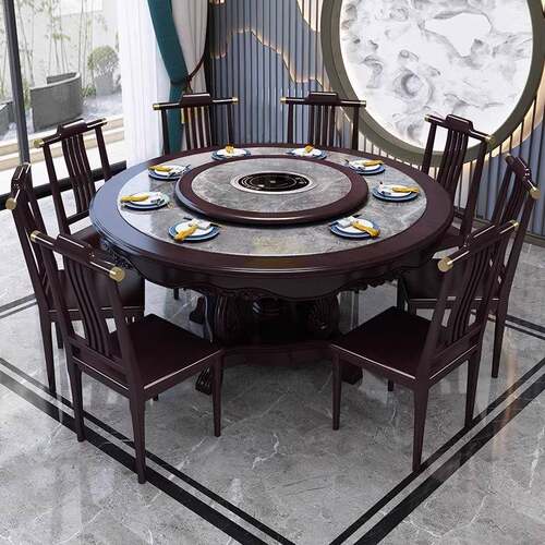 新中式实岩组餐桌椅合家用8/木10人大圆形带转盘酒店板餐厅VSE吃