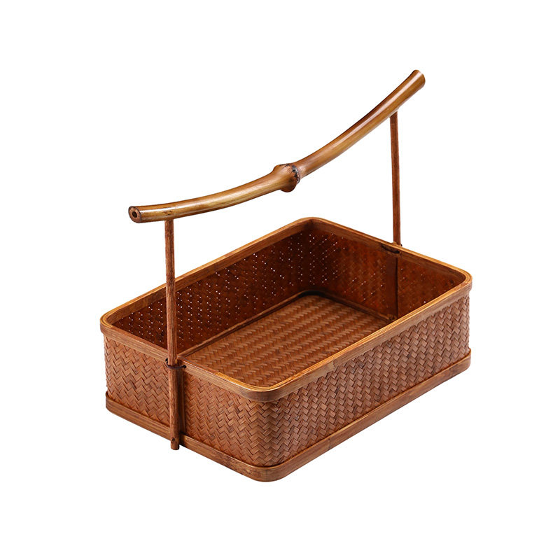 手工竹编提篮大漆中式茶具收纳筐圆形家用干果盘点心X篮竹篮水果