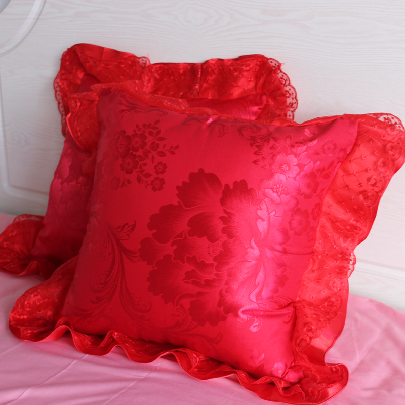 欧式贡缎提花方枕套不含芯韩版蕾丝D花边纯棉抱枕套靠垫套靠背48