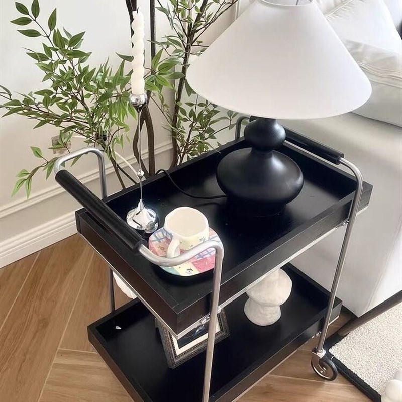 ins风小推车实木l边几家用客厅沙发可移动茶几收纳储物置物架餐车
