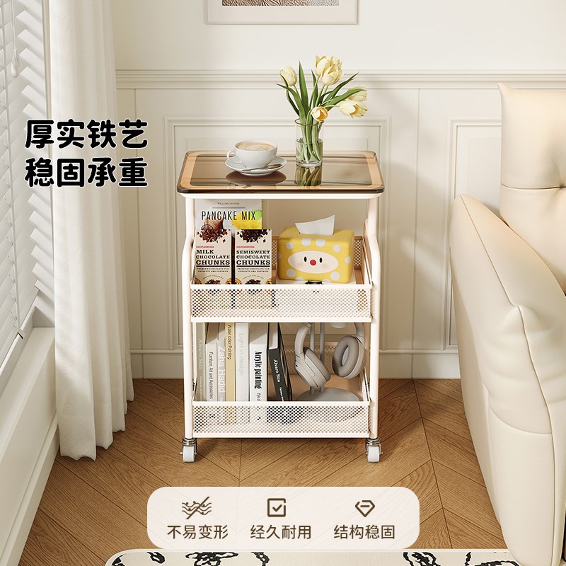 可移动边几小h推车奶油风客厅迷你沙发小茶几铁艺玻璃床头柜置物