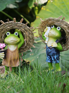 草帽小青蛙花园庭院摆件别墅阳台户外装饰K树脂可爱动物工艺品创