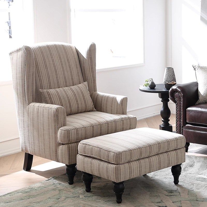 美式轻奢棉麻布艺老虎椅客厅条纹休闲椅实木P阳台单人沙发椅脚凳