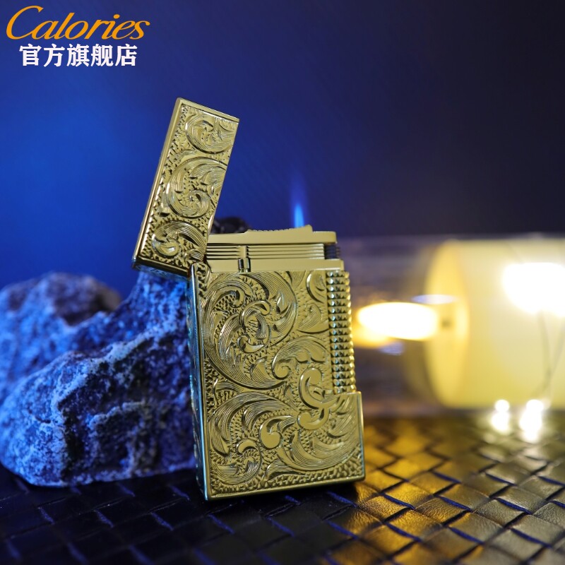 calories卡路双火手雕刻唐草朗声打火机雪茄烟斗侧滑双火焰男礼物