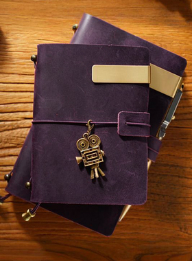 紫色疯马皮A6复古真皮牛皮笔记本旅行tn手账本日记手工手帐封面A5