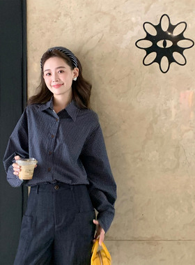 赵幺妹 奥兰多 韩系宽松复古藏蓝色格子长袖衬衫衬衣上衣女秋季