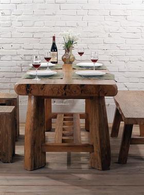 古榆情怀老榆木餐桌原木六人全实木家俱多功能长方形茶饭桌子定制