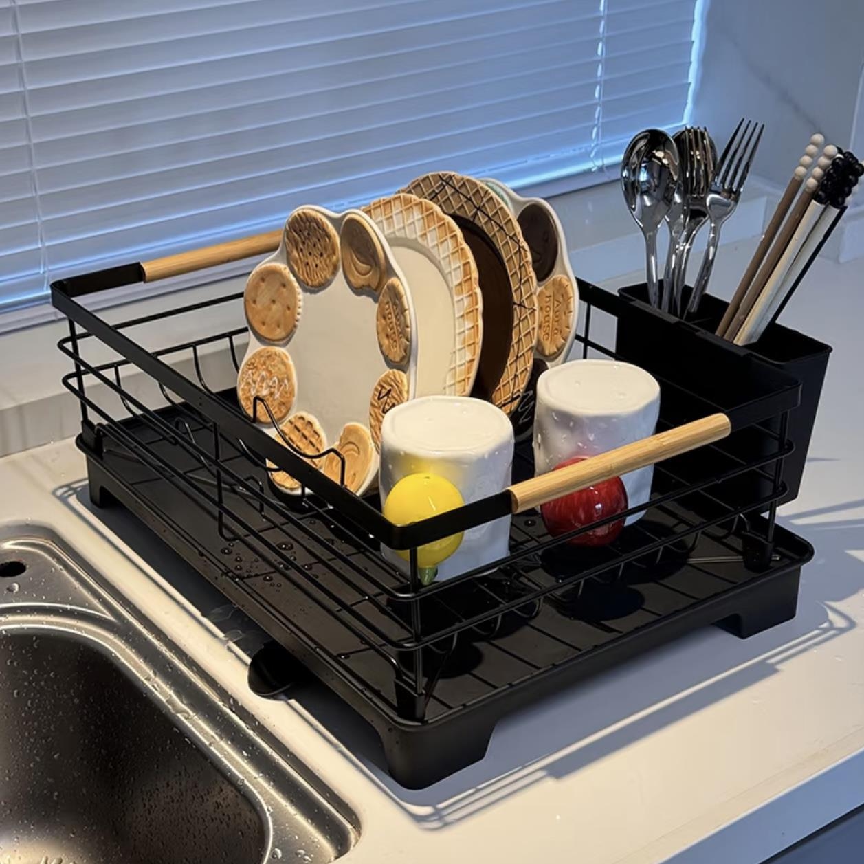 MOMO HOME厨房置物架餐具收纳沥水碗架沥水架日式铁艺双层碗碟架