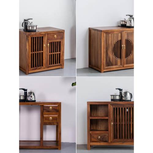 新中式可移动茶柜胡桃木小茶车实木餐具柜轻型豪华客厅水壶储物架