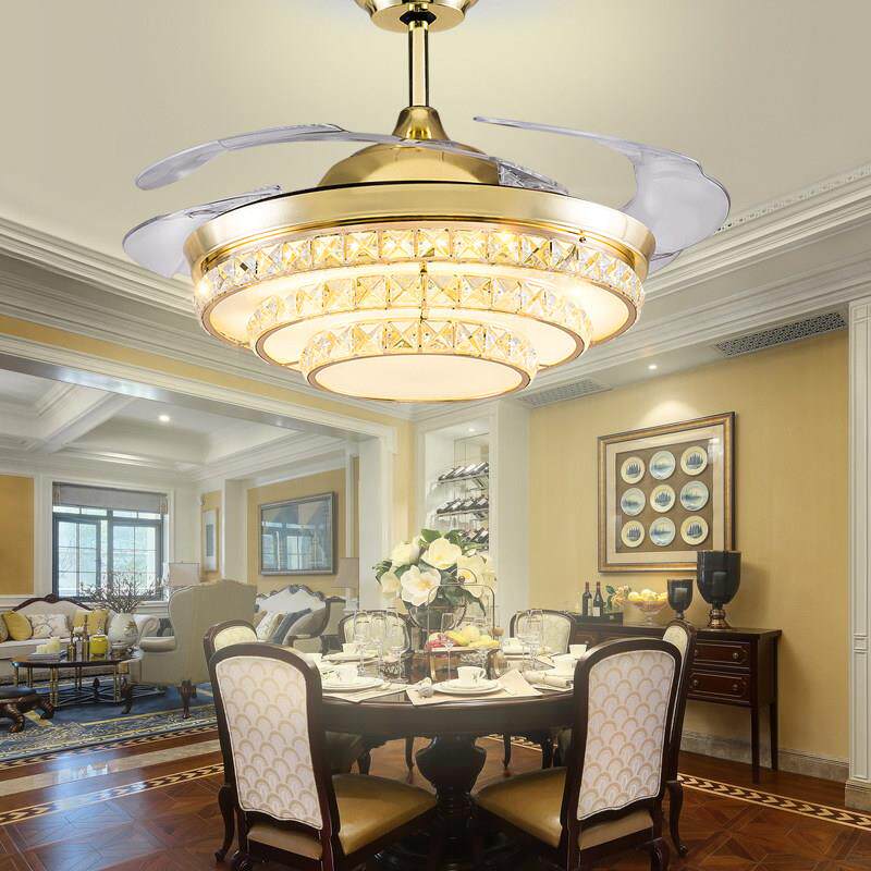 水晶隐形风扇灯餐厅欧式客厅吊扇灯带灯家用简约52寸电风扇吊灯