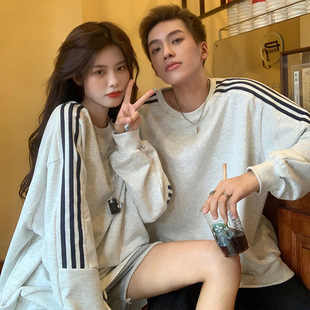 三条杠卫衣女2025春秋情侣装 上衣女 潮ins宽松韩版 圆领中长款