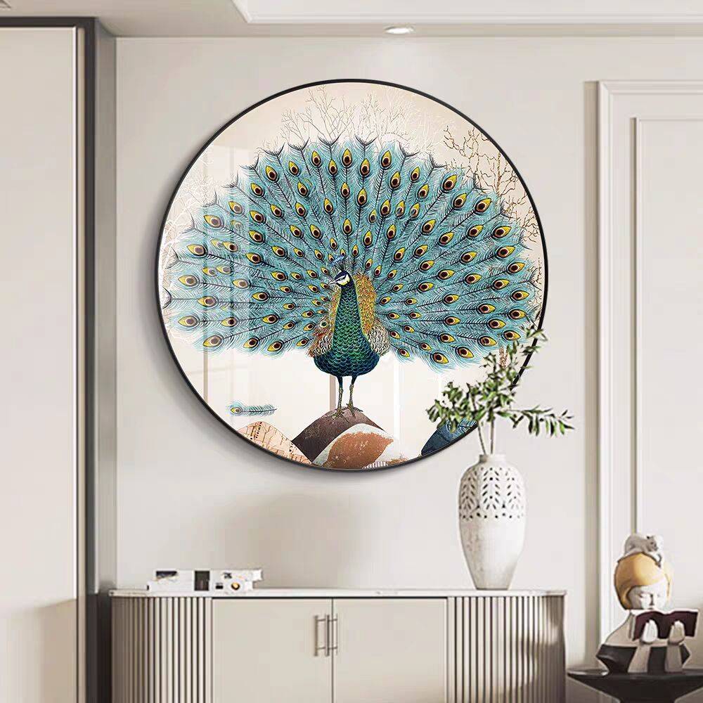 孔雀开屏新中式圆形客厅入户玄关装饰画现代简约餐厅壁画走廊挂画图片