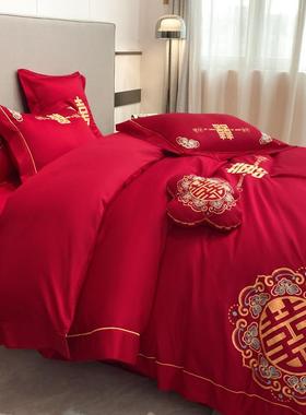 婚新龙棉凤刺绣磨毛结VMY四件套大红色床单被款套磨绒亲肤婚庆四