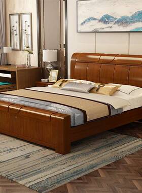 新中式木床储物2米2..2主卧大床现代简HIM双约人床18抽屉实高箱床