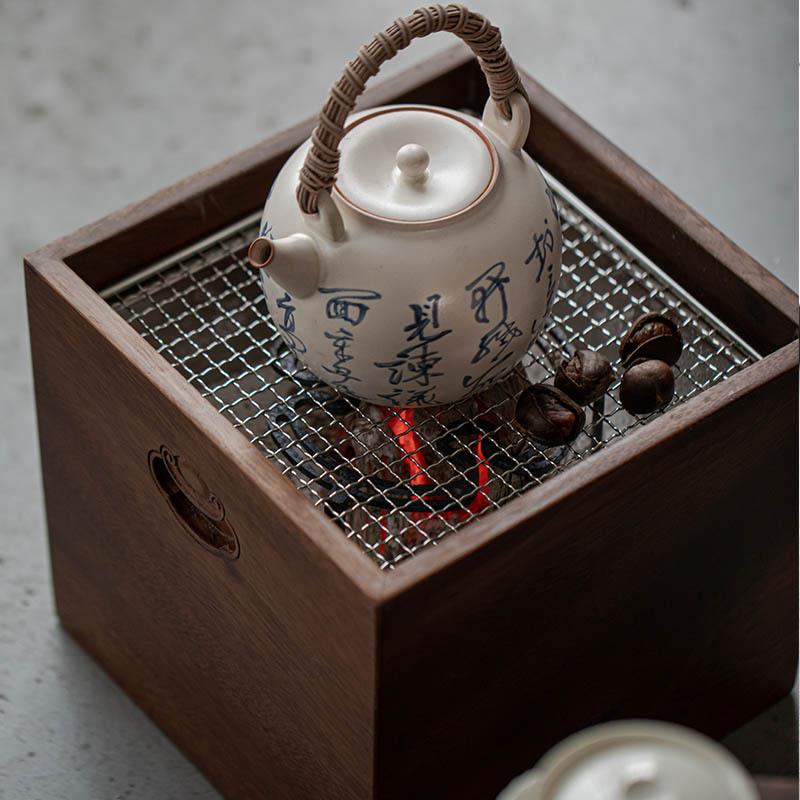 束刻黑胡桃木日式火围炉话煮夜茶钵茶桌套装茶空间取TL暖茶桌