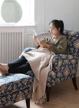 卧室艺椅客厅单人园椅田风木格碎花复单LTH蓝色布古沙发实美式老