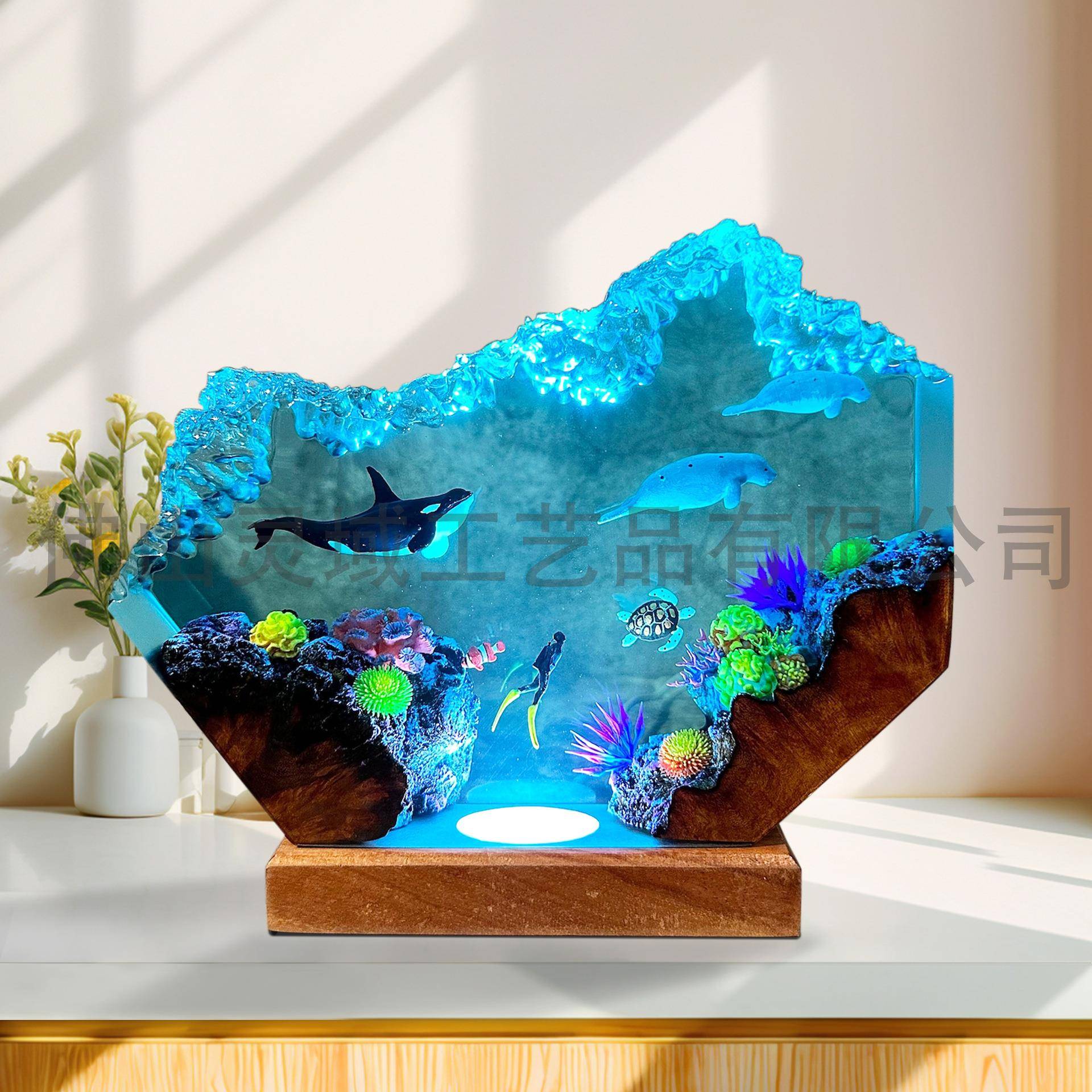 虎鲸和海牛树脂灯手工木质小夜灯亚马逊热销品爆款海洋树脂灯