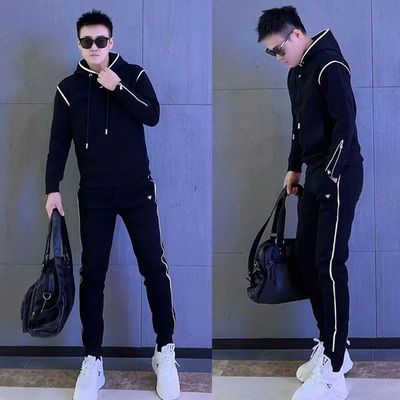 秋季男士时尚套装新款休闲连帽卫衣纯色运动裤潮流简约百搭韩版