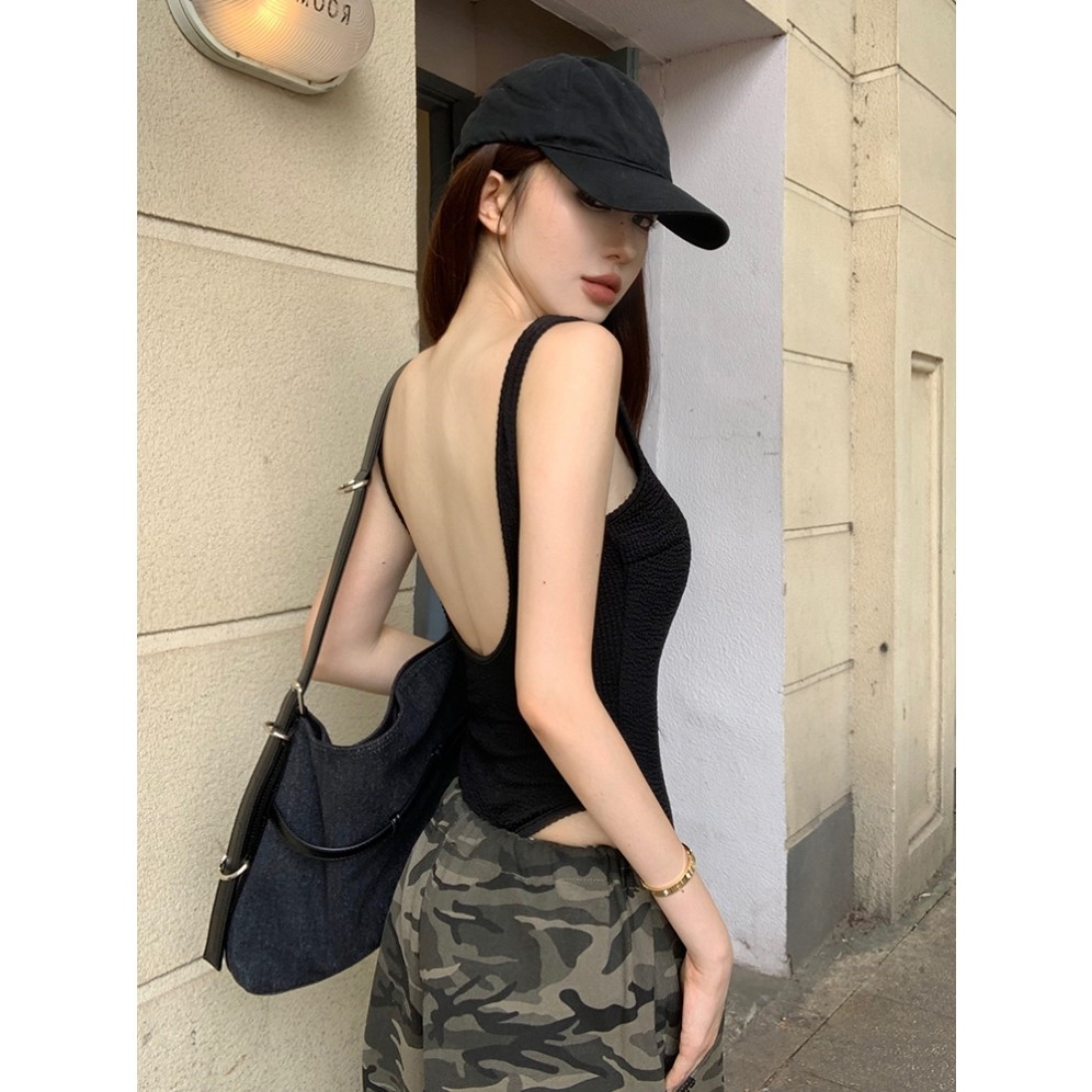 美式辣妹连体吊带背心带胸垫女夏季修身显瘦露背上衣美背内搭外穿