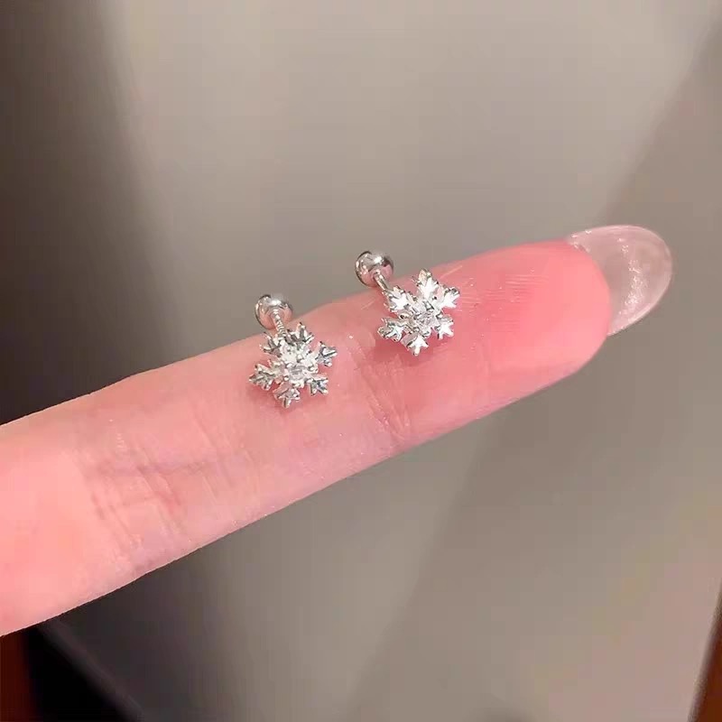 雪花耳钉女S925银养耳洞螺丝拧扣精致秋冬耳环小众设计高级感耳饰