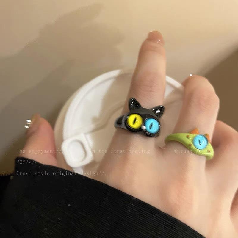 搞怪黑色猫咪怪兽戒指女ins小众设计感时尚个性指环闺蜜情侣尾戒