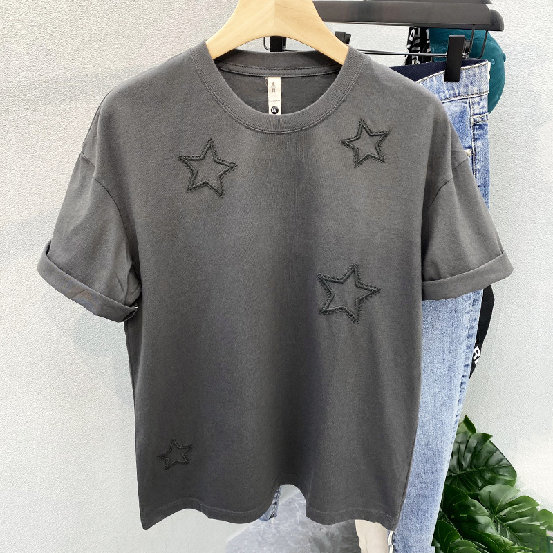 潮牌夏季男士五角星刺绣圆领短袖宽松T恤美式绣花上衣服打底衫t