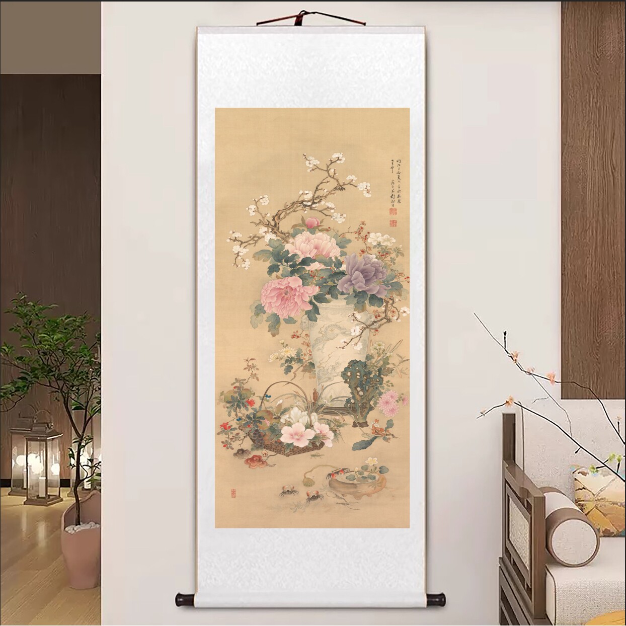 ⊕岁朝清供图岁朝图中式客厅书房茶室装饰画挂画玄关水墨卷轴字画
