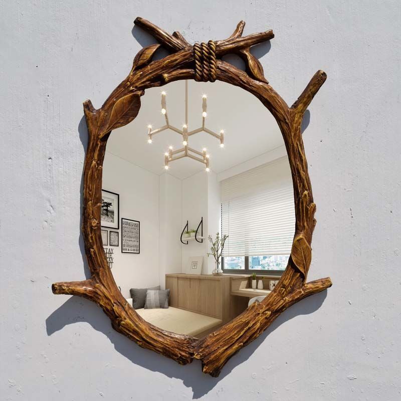 美式乡村田园风格仿木树杈浴室镜欧式复古壁挂装饰梳妆镜化妆镜子