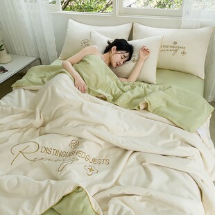 空调被子四季通用花缦水洗冰丝夏被四件套床单床笠单人双人夏凉被