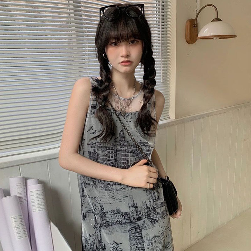 速发法式复衣设计感叠穿季古裙夏连宽松无袖背心吊带网纱外搭长裙