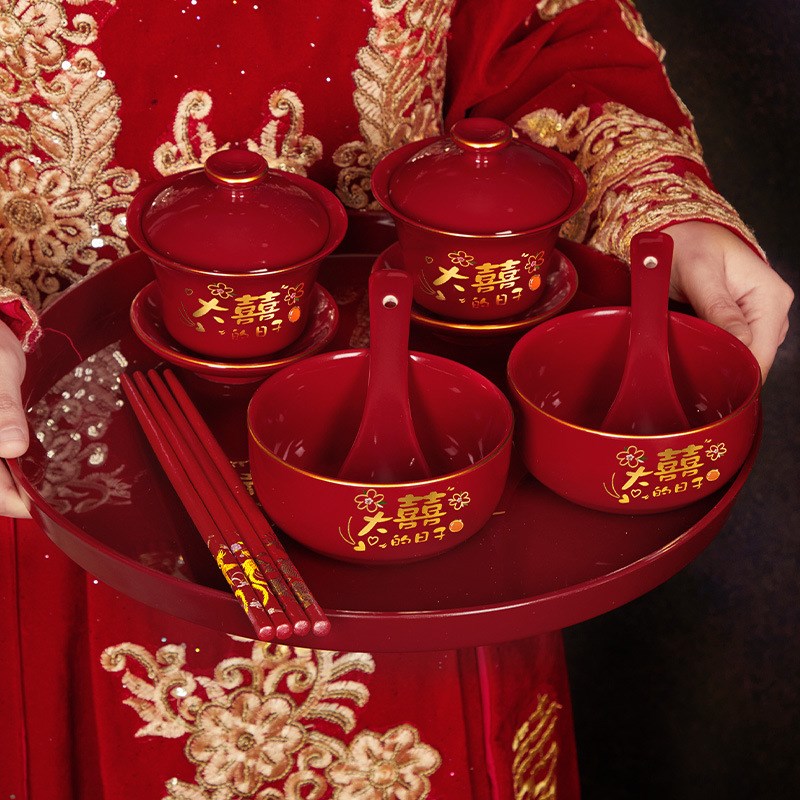 速发敬茶杯子喜碗大婚礼喜事红色碗口盖碗茶具对改筷套装陪嫁用品