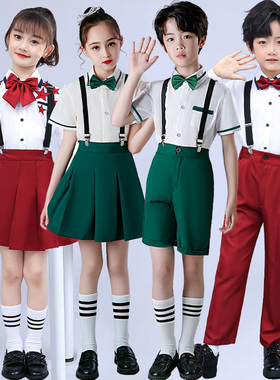 速发儿童合唱小出服男团园风背带裤中演学生合唱校朗诵表演服装