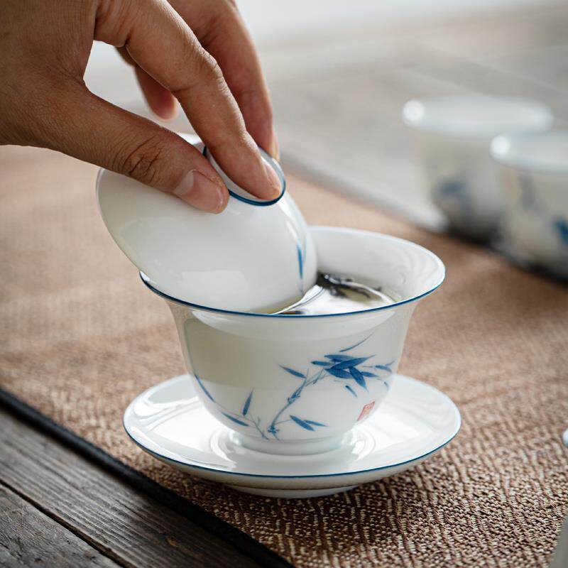速发兴永达+手绘甜白釉盖碗套组玉瓷薄胎兰竹三才杯茶碗茶杯套装