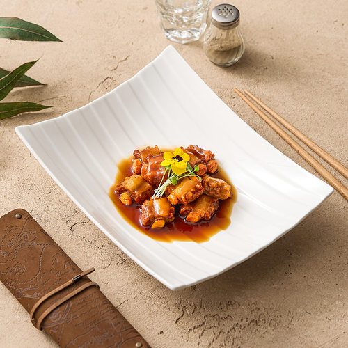 速发优格线纹盘瓷沙拉陶凉菜用酒店餐厅轻奢餐具四角深汤盘子家盘