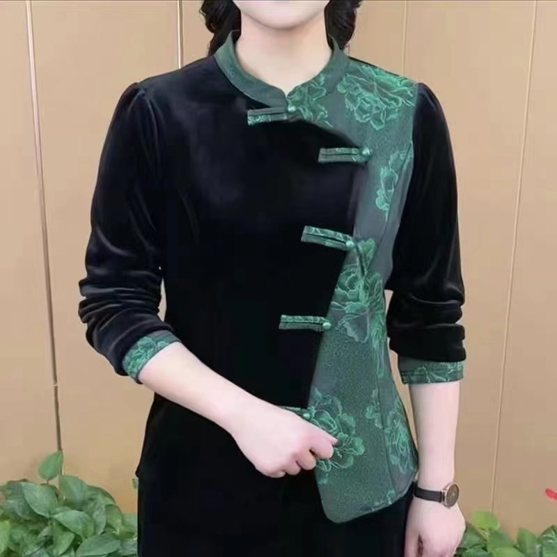 速发2024早春盘款中老上拼色金丝绒打底衫妈妈装长袖新扣年衣
