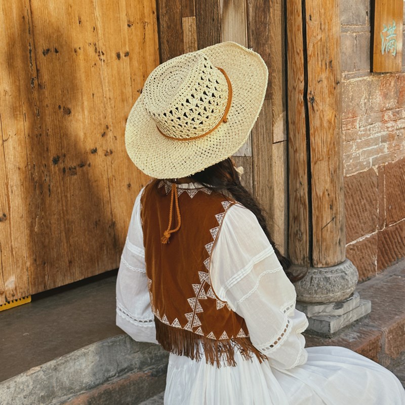 速发民族风穿搭西部牛仔棕色麂皮绒刺绣流苏马甲短款小背心开衫短