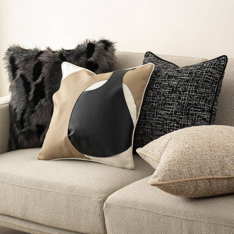 现代轻高奢皮革拼接抱枕黑色色枕套QGY沙靠发客厅酒店样板咖间档